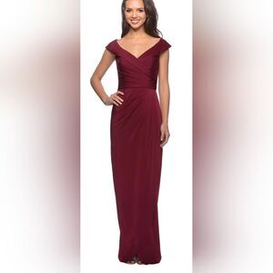 La Femme Surplice Off the Shoulder Column Gown NWT size 18 Burgundy